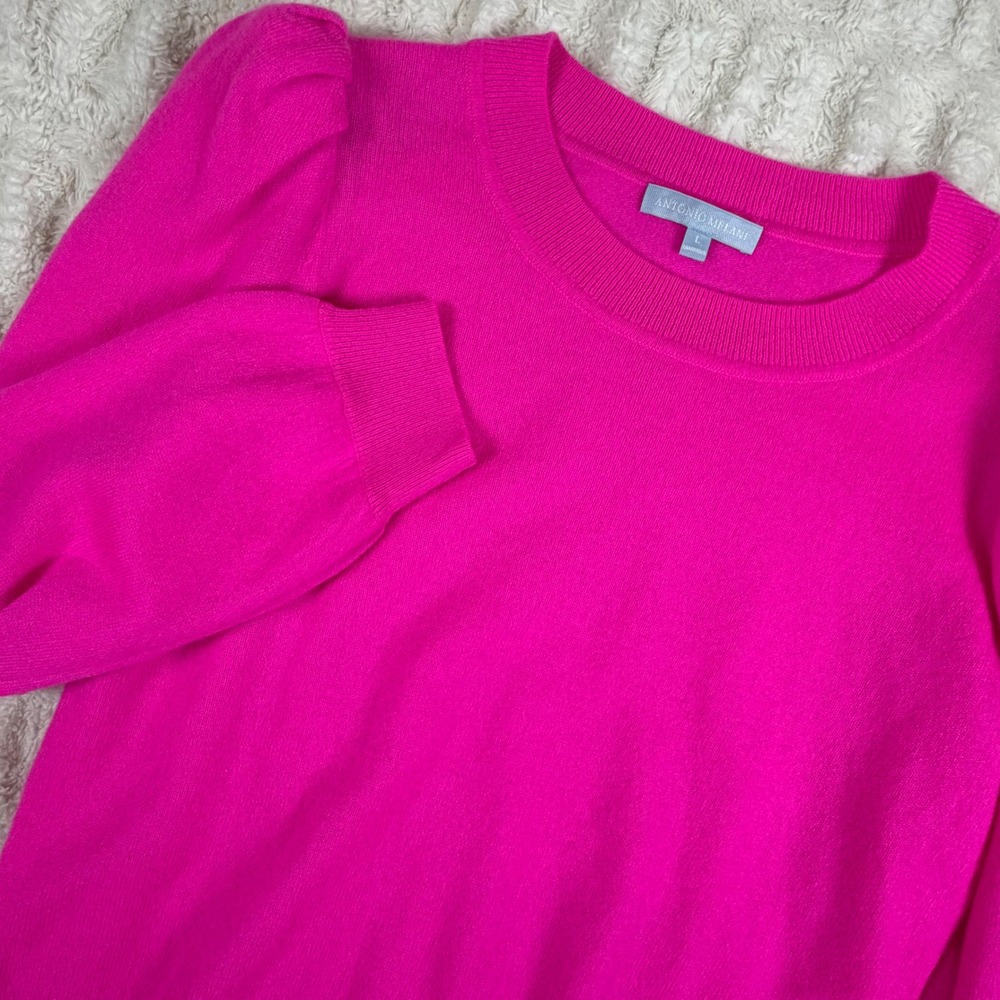 Antonio Melani Hot Pink 100% Cashmere Puff Shoulder Crew Neck Sweater Large